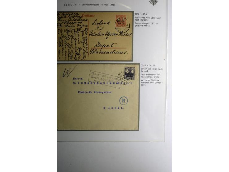 ZENSUR: Postüberwachungsstelle Riga, 8 Briefe und Karten, dabei Zensuren H.v.H Nr. R1-5, dazu 3 Briefe mit Beanstandungsstemp