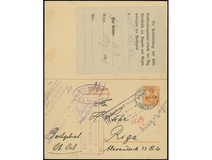 NACHFRAGEZETTEL des städtischem Vollstreckungsamt in Riga rückseitig auf Antwortkarte Deutsches Reich 7½ Pfg. aus Dresden, gu