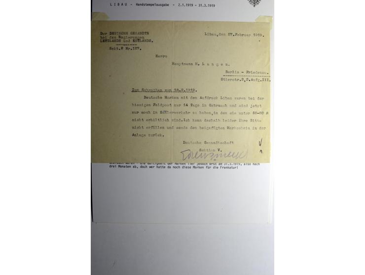 LIBAU: 1919, 10 Werte auf Briefstücken, zwei lose gestempelte kopfstehende Aufdrucke, 2 Briefe sowie einige Briefstücke mit T