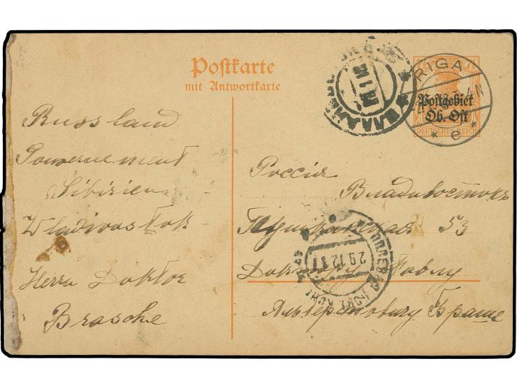 1918, Ganzsachenkarte 7½ Pfg. mit Stempel "RIGA -2.1.18" über die Friedenssektion No. 2 nach Wladiwostok geleitet, etwas flec
