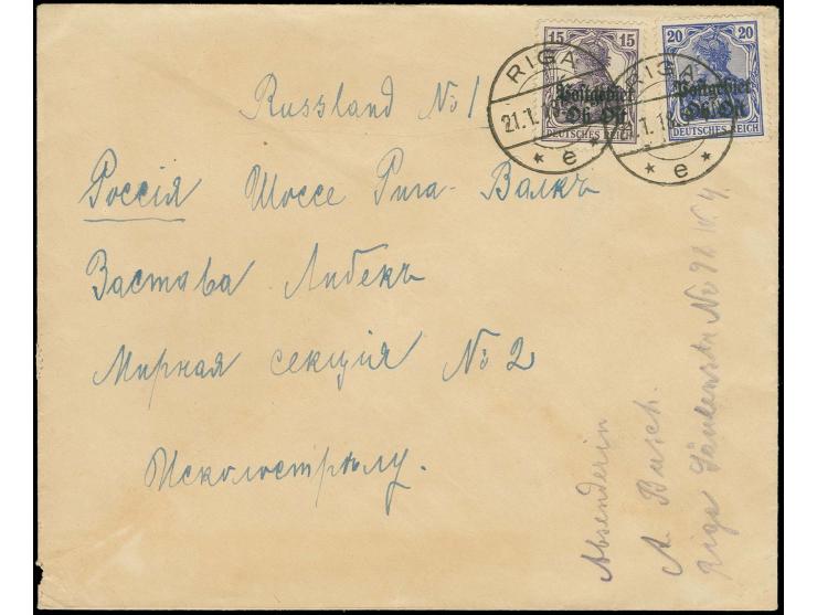 1918, 15 Pfg. violett und 20 Pfg. blau mit Stempel "RIGA 21.1.18" auf Brief an die Friedenssektion No. 2 an der Chaussee Riga