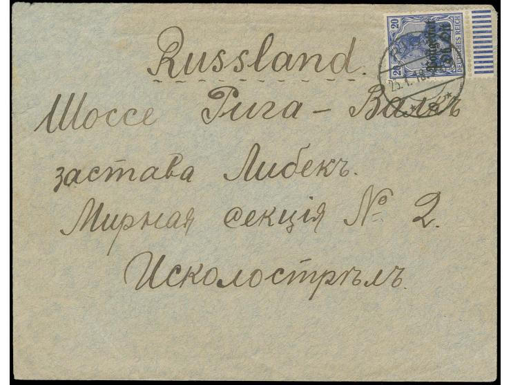 1918, 20 Pfg. blau mit Unterrand mit Stempel "RIGA 23.1.18" auf Brief an die Friedenssektion No. 2 an der Chaussee Riga-Walk,