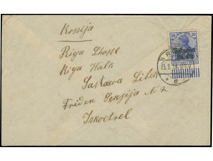 1918, 20 Pfg. blau mit Unterrand mit Stempel "RIGA 23.1.18" auf Brief an die Friedenssektion No. 2 an der Chaussee Riga-Walk,