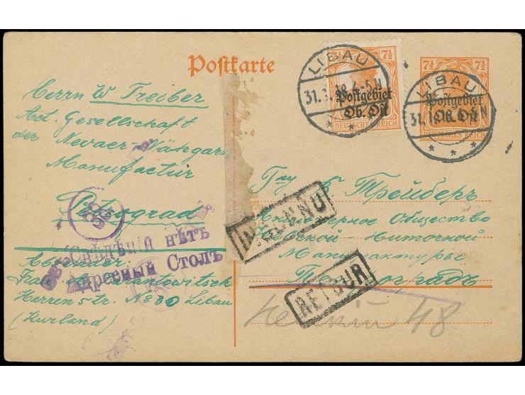 Ganzsachenkarte 7½ Pfg. mit Zufrankatur mit Stempel "LIBAU 31.1.18" über die Friedenssektion No. 2 nach Petrograd geleitet, d