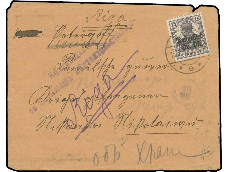 15 Pfg. mit Stempel "RIGA 13.7.18" auf Brief an einen Kriegsgefangenen inPeterhof im nicht existierenden "Pawelschen Gouverne