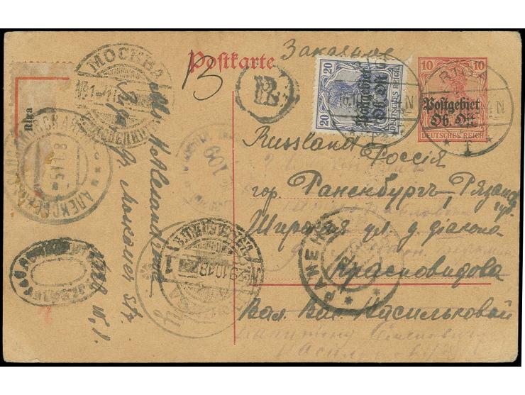 1918, 20 Pfg. als Zufrankatur mit Stempel "RIGA 16.10.18" auf eingeschriebener Ganzsachenkarte 10 Pfg. nach Ranenburg, dort u