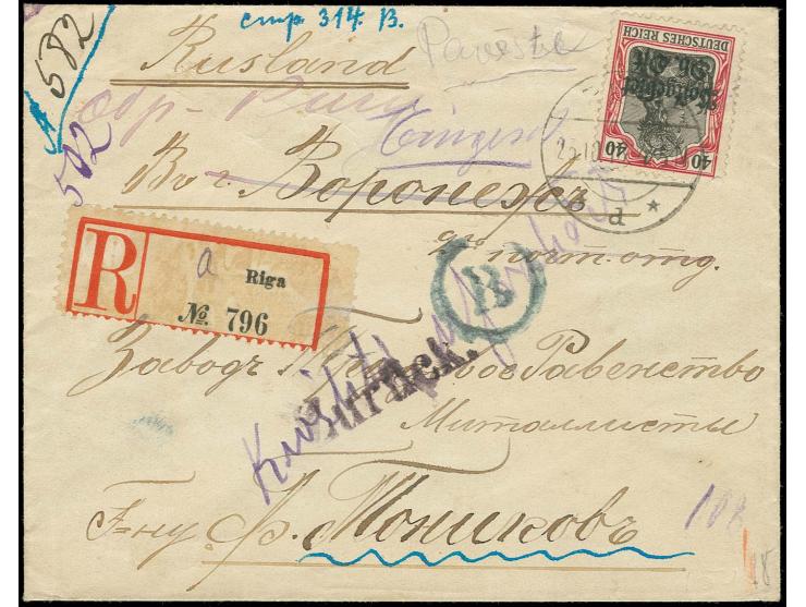 40 Pfg. mit Stempel "RIGA 23.10.18" auf R-Brief nach Woronesch, der Empfänger war nicht zu ermitteln, am 24.1.19 retour gesan