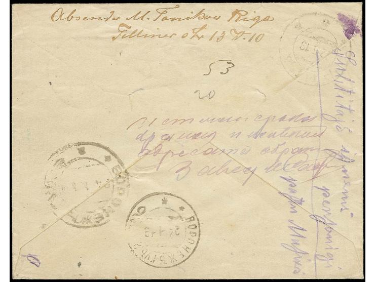 40 Pfg. mit Stempel "RIGA 23.10.18" auf R-Brief nach Woronesch, der Empfänger war nicht zu ermitteln, am 24.1.19 retour gesan