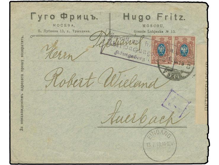1918, Staatswappen 15 K. braunlila/blau im waagerechten Paar Stempel "МОСКВА 10 6 18" auf Brief nach Auerbach, russischer Zen