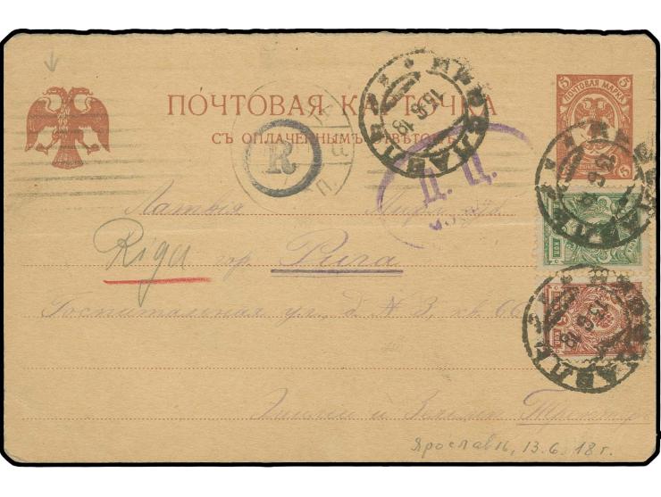 1918, Ganzsachenkarte 5 K. mit Zufrankatur mit Stempel "ЯРОСЛАВЛЬ 13.6.18" nach Riga, mit russischem sowie deutschem Zensurst