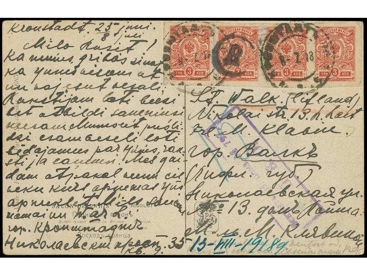 1918, Staatswappen 3 K. rot im waagerechten Viererstreifen mit Stempel "КРОНШТАДТЪ  8 7 18" auf Karte nach Walk, mit russisch