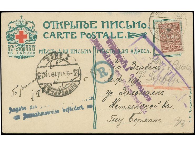 1918, Staatswappen 5 K. mit Stempel "ПЕТРОГРАДЪ 9 8 18" auf Karte nach Serben in Livland, mit russischem sowie deutschem Zens