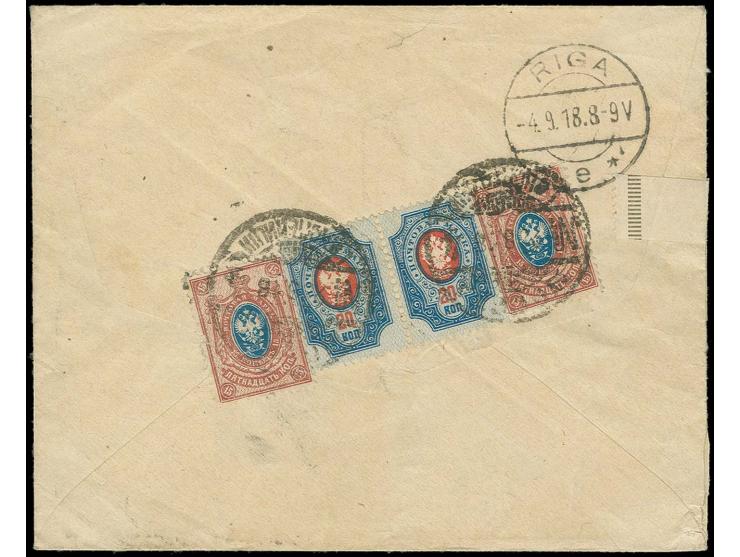 1918, Staatswappen 15 K. braunlila/blau und 20 K. blau/rot, je  zwei Werte mit Stempel "МОСКВА 23 8 18" auf R-Brief nach Riga