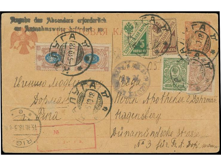 1918, Ganzsachenkarte 5 K. mit u.a. Postsparmarken 5-10 K. als Zufrankatur mit Stempel "КАЛУГА -5 10 18" nach Riga, mit russi