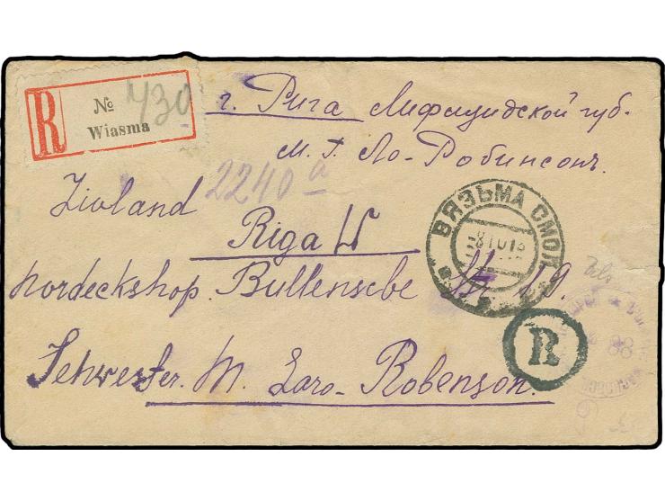 1918, Staatswappen 3 K. rot mit Zufrankatur mit Stempel "ВЯЗЬМА СМОЛ 8 10 18" auf R-Brief nach Riga, mit russischen Zensurstr