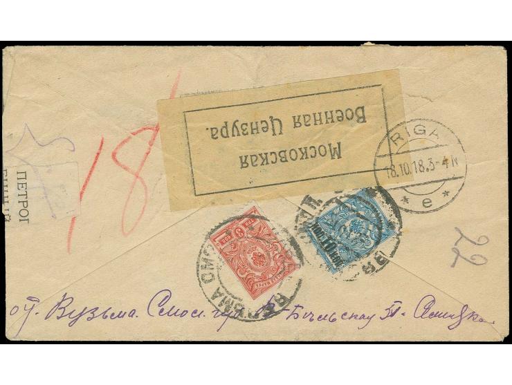1918, Staatswappen 3 K. rot mit Zufrankatur mit Stempel "ВЯЗЬМА СМОЛ 8 10 18" auf R-Brief nach Riga, mit russischen Zensurstr
