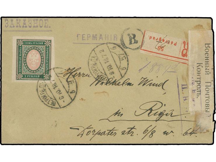 1918, Staatswappen 7 R. dunkelgrün/mittelrosa mit Stempel "ПЕТРОГРАДЪ 8 10 18" auf R-Brief nach Riga, mit russischem sowie de