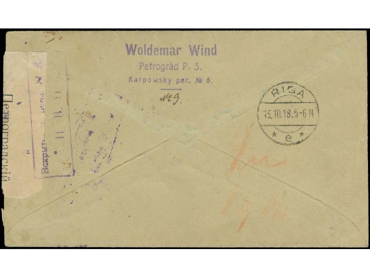 1918, Staatswappen 7 R. dunkelgrün/mittelrosa mit Stempel "ПЕТРОГРАДЪ 8 10 18" auf R-Brief nach Riga, mit russischem sowie de