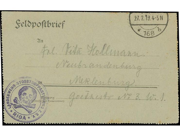 BALTISCHE LANDESWEHR: "LANDESWEHR-STOSSTRUPPABTEILUNG Z.B.V. * RIGA *" mit Totenkopf, violetter Briefstempel vorder- und rück