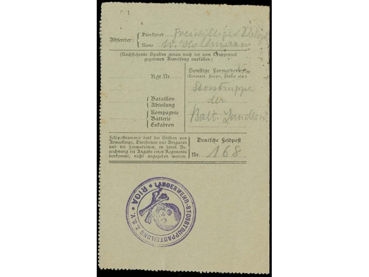 BALTISCHE LANDESWEHR: "LANDESWEHR-STOSSTRUPPABTEILUNG Z.B.V. * RIGA *" mit Totenkopf, violetter Briefstempel vorder- und rück