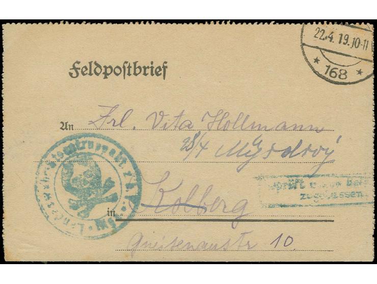 BALTISCHE LANDESWEHR: "LANDESWEHR-STOSSTRUPPABTEILUNG Z.B.V. * RIGA *" mit Totenkopf, grünblauer Briefstempel auf Feldpostbri