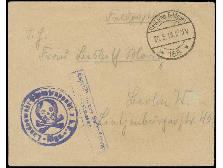 BALTISCHE LANDESWEHR: "LANDESWEHR-STOSSTRUPPABTEILUNG Z.B.V. * RIGA *" mit Totenkopf, violetter Briefstempel auf Feldpostbrie