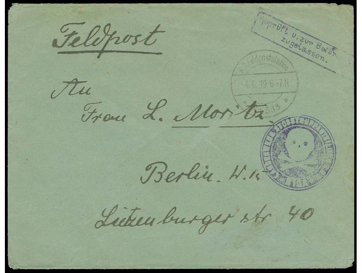 BALTISCHE LANDESWEHR: "LANDESWEHR-STOSSTRUPPABTEILUNG Z.B.V. * RIGA *" mit Totenkopf, violetter Negativ-Briefstempel auf Feld