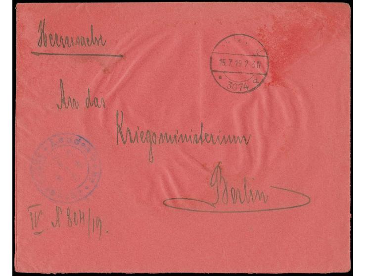 BALTISCHE LANDESWEHR: "Landeswehr Intendatur" violetter, etwas verwaschener Briefstempel auf Heeressache ab "* 3074 a - 15.7.