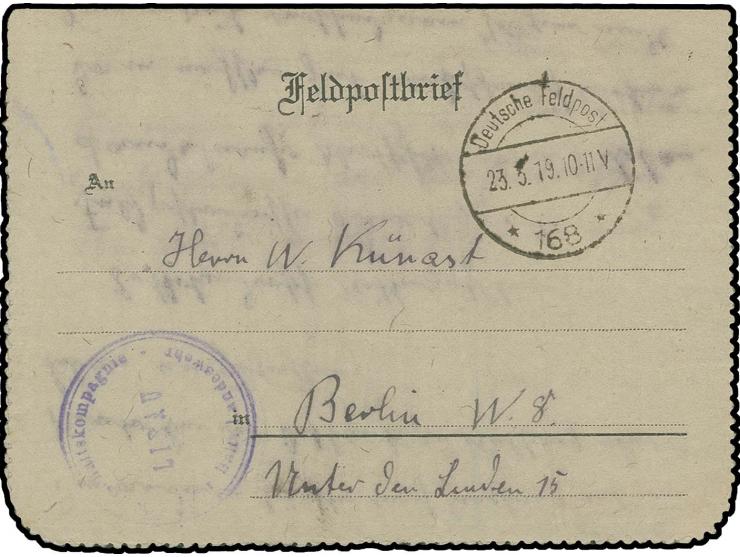 BALTISCHE LANDESWEHR: "Wirtschaftskompagnie der Balt. Landeswehr LIBAU", violetter Briefstempel auf Feldpostbrief ab "* 168 *