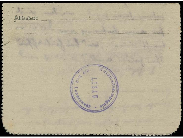 BALTISCHE LANDESWEHR: "Wirtschaftskompagnie der Balt. Landeswehr LIBAU", violetter Briefstempel auf Feldpostbrief ab "* 168 *