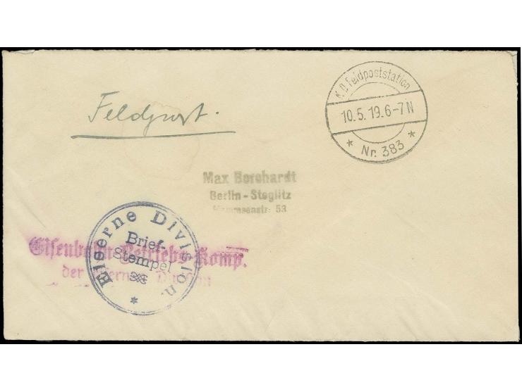 EISERNE-DIVISION: "Eiserne Division", violetter Briefstempel und "Eisenbahn-Betriebs-Komp. der Eisernen Division" als rotviol