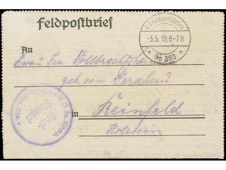 EISERNE-DIVISION: "M.G. SS. Komp. 1. Garde-Res.Div.", violetter Briefstempel auf Brief ab "* Nr. 383 * - 3.5.19" nach Reinfel