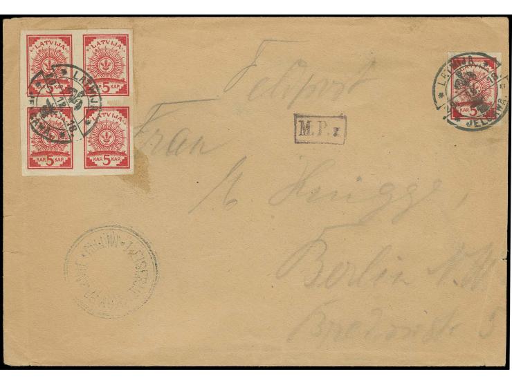 I. EISERNE DIVISION MITAU: "Ähre und Elchenkopf im Stegstempel mit Datum 29 12 18" auf Viererblock und Einzelwert 5 K. rot au