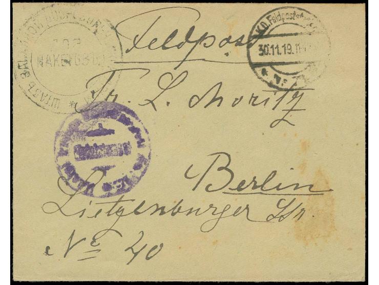FELDPOST DER RUSSISCHEN FREIWILLIGEN WESTARMEE: "Stab der freiwilligen Westarmee" violetter Briefstempel sowie Briefstempel d