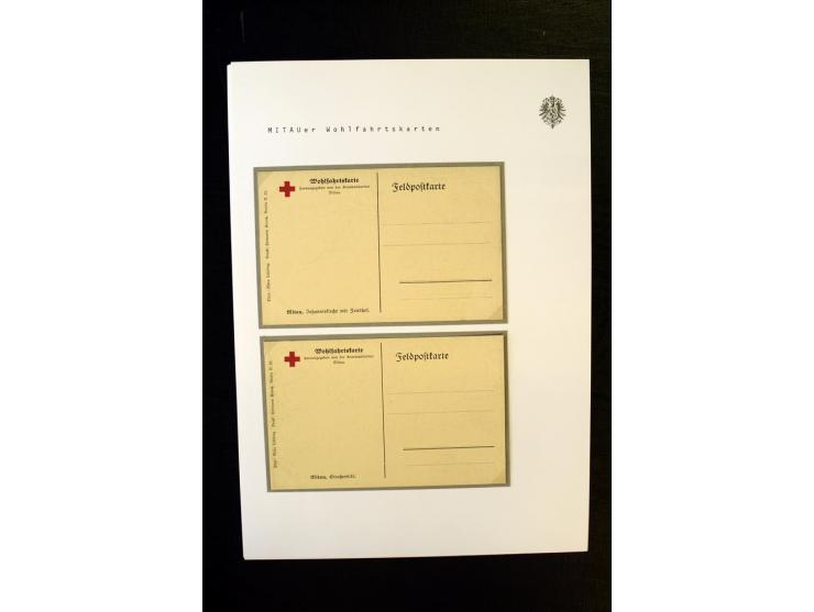 WOHLFAHRTSKARTEN DER KOMMANDANTUR MITAU: 2 gebrauchte und ungebrauchte Karten, 7 verschiedene Motive, gute Erhaltung