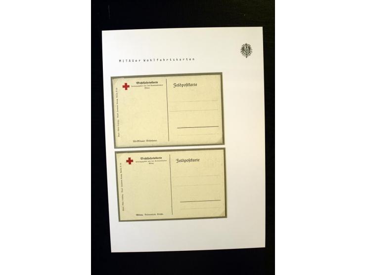 WOHLFAHRTSKARTEN DER KOMMANDANTUR MITAU: 2 gebrauchte und ungebrauchte Karten, 7 verschiedene Motive, gute Erhaltung