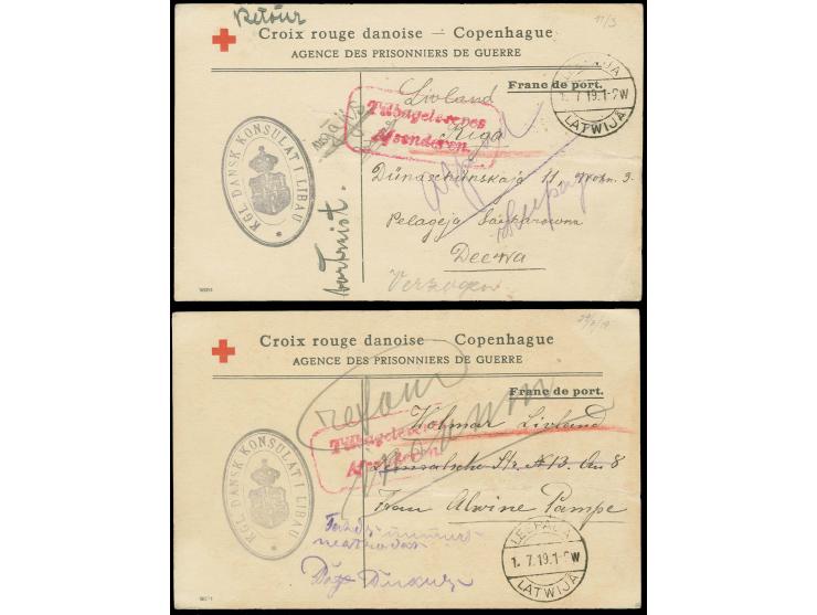 KRIEGSGEFANGENPOST: 1919, zwei Benachrichtungskarten der Kriegsgefangenenstelle des Roten Kreuzes in Kopenhagen, befördert üb