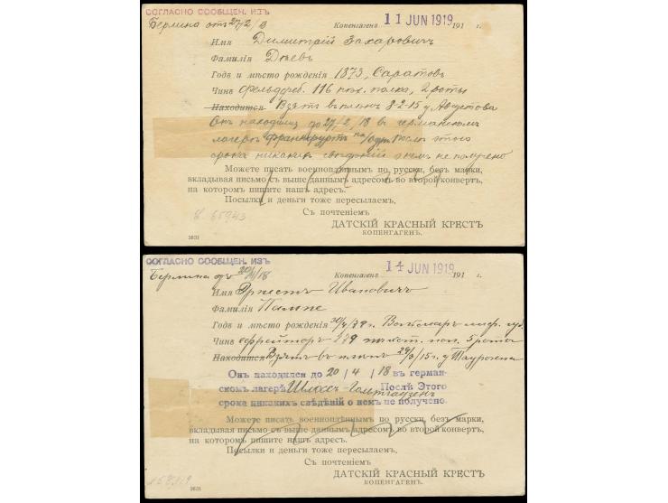 KRIEGSGEFANGENPOST: 1919, zwei Benachrichtungskarten der Kriegsgefangenenstelle des Roten Kreuzes in Kopenhagen, befördert üb