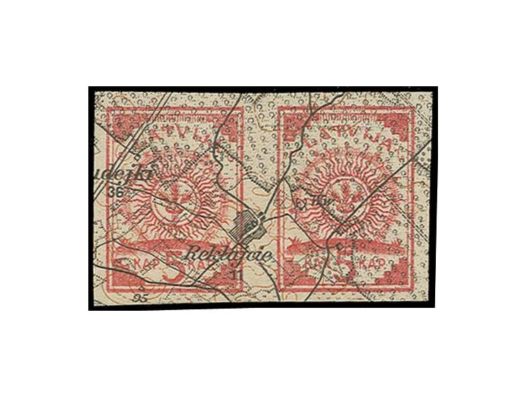 PROBEDRUCK: 5 K. karmin im waagerechten Paar auf Kartenseite gedruckt, ohne Gummi, tadellos