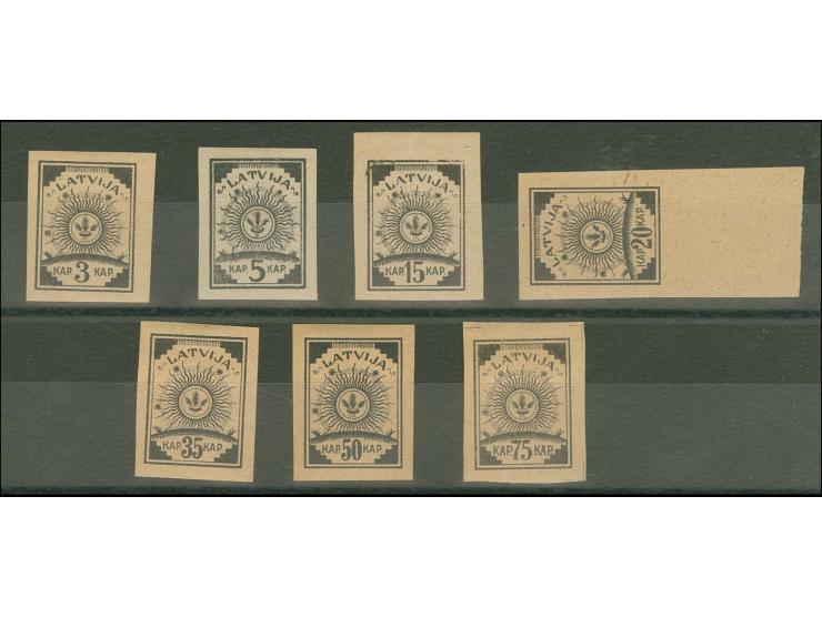 PROBEDRUCKE: 3-5, 15-20 und 35-75 K. auf schwarz auf gewöhnlichem Papier, ohne Gummi, tadellos