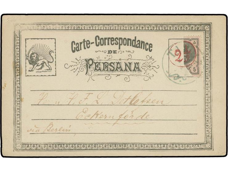PERSANA postcard with irregular bisect 5 ch. and red handstamp, used with blue Tabriz cds. with text and signature of postmas