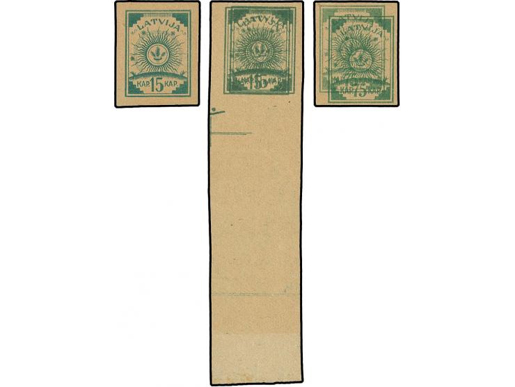 15 und 75 K. grün im Doppeldruck, je auf gewöhnlichem Papier, dazu 15 K. grün auf gewöhnlichem Papier, ohne Gummi, tadellos