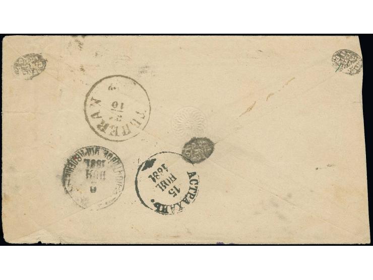 1879, envelope 5 ch. with violett Meched cds. used to Astrakhan in Russia, showing transit marks of Teheran and Tiflis and ar