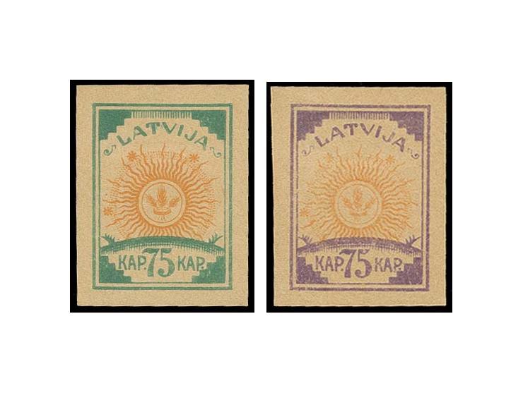 75 K. grün/orange und lila/orange, auf gewöhnlichem Papier, ohne Gummi, tadellos