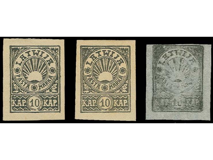 1919, Ausgabe für Nordlettland 10 K., zwei schwarze Maschinendrucke von der Originalplatte auf normalem Papier sowie ein Hand