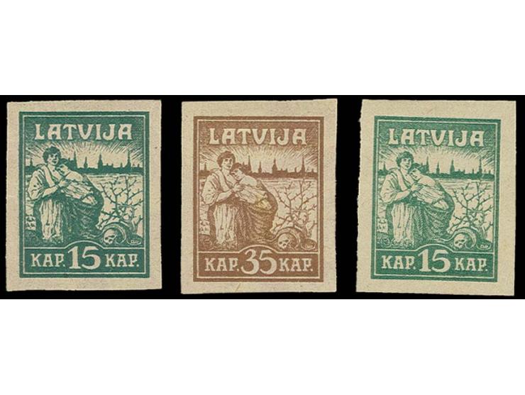 15-35 K. auf rotem Etikettenpapier sowie 15 K. auf buntem Etikettenpapier, ohne Gummi, tadellos