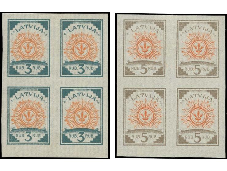 ARCHIVBELEGE: 3 und 5 Rbl. im ungezähnten Viererblock auf senkrecht gestreiftem Papier, ohne Gummi, sehr selten, tadellos