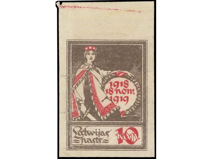 1919, 1. Jahrestag der Unabhänigkeit 10 K. mehrfarbig als Probedruck auf farbigem Etikettenpapier, ohne Gummi, Mängel