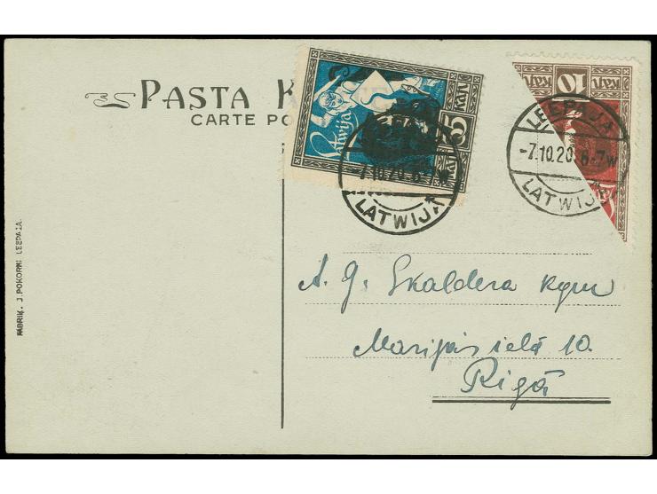 LIBAU-HALBIERUNG: Drachentöter 10 K. diagonal halbiert mit 35 K. Zufrankatur mit Stempel "LEEPAJA LATWIJA -7.10.20"  auf port