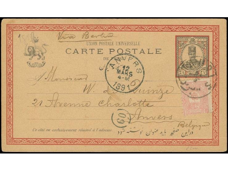 1880, postcard 2½ ch. with additional franking 1889, 1 ch. rose from Tabriz to Belgium with arrival mark on front